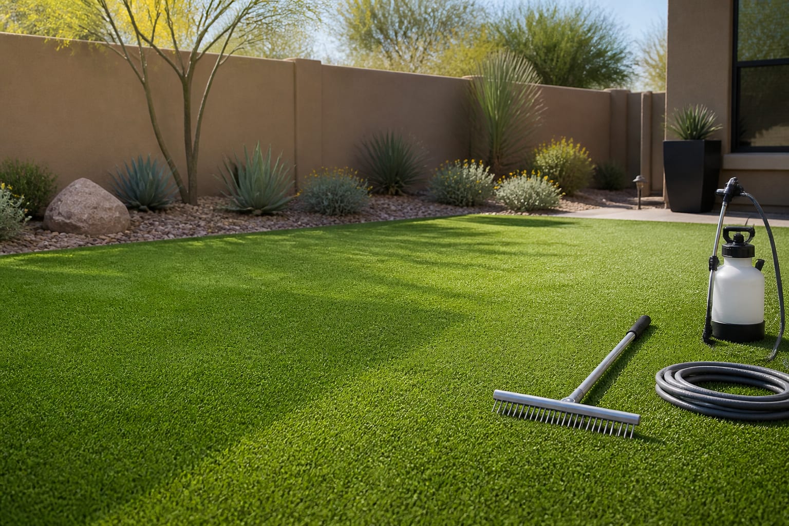 Freshly cleaned artificial turf in a Phoenix backyard with desert plants, a turf rake, hose, and sprayer.
